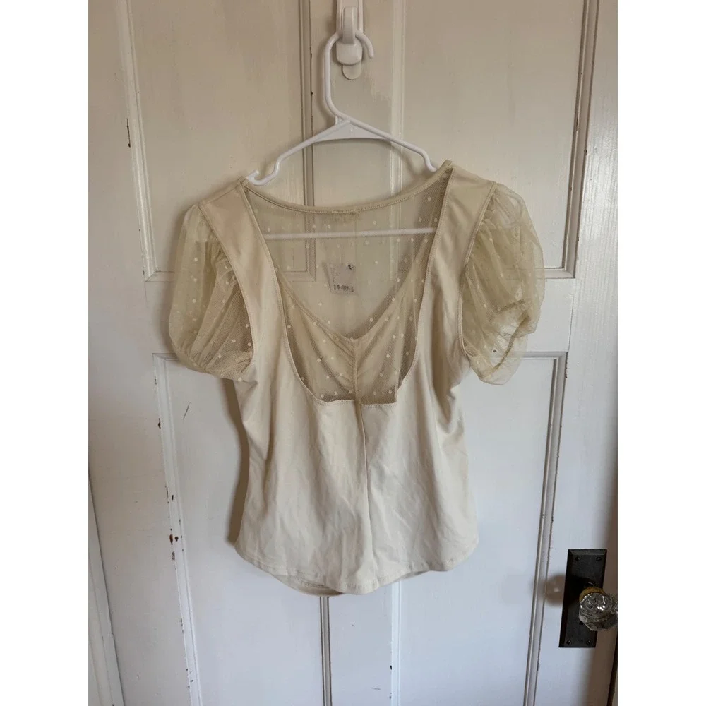 NWT Free People Blush Up Cami sheer polka-dot puff sleeve ruched top size largr